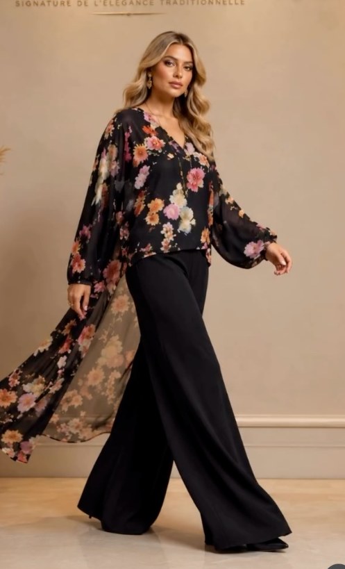 Top mousseline fleurie et pantalon noir